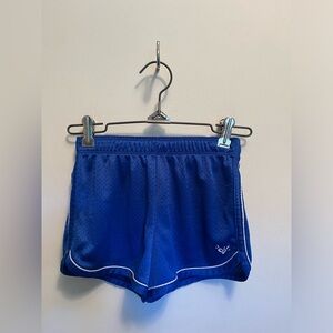 Justice, girls youth blue athletic shorts with white lining, detailed waistband.